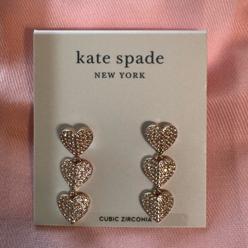 Kate Spade Gold 3 Tier Heart Earrings with Cubic Zirconia - Picture 2 of 3